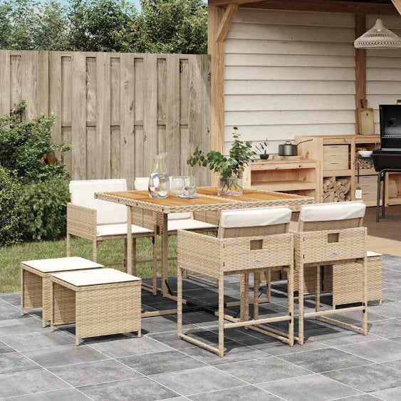 9-tlg. Garten-Essgruppe mit Kissen Schwarz Poly Rattan