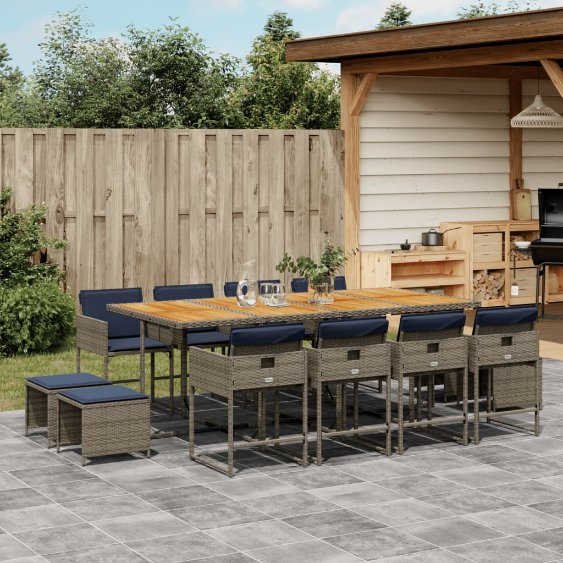 9-teiliges Garten-Ess-Set mit Kissen, grau, Polyrattan