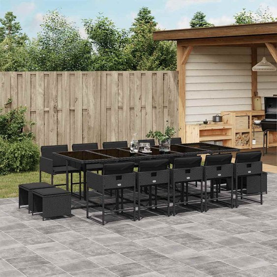 9-tlg. Garten-Essgruppe mit Kissen Schwarz Poly Rattan