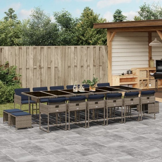 9-teiliges Garten-Ess-Set mit Kissen, grau, Polyrattan