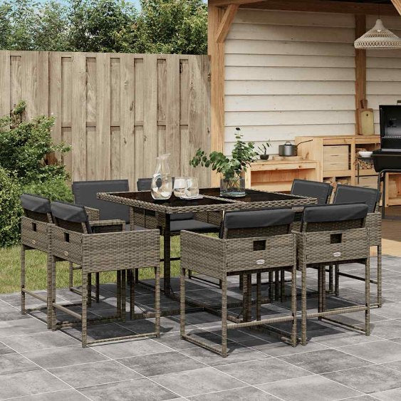 9-tlg. Garten-Essgruppe mit Kissen Schwarz Poly Rattan