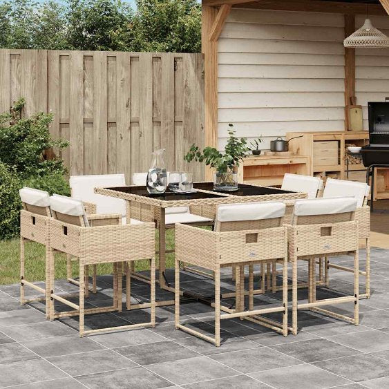 9-tlg. Garten-Essgruppe mit Kissen Schwarz Poly Rattan