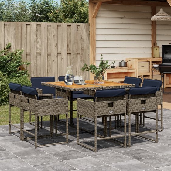 9-teiliges Garten-Ess-Set mit Kissen, grau, Polyrattan
