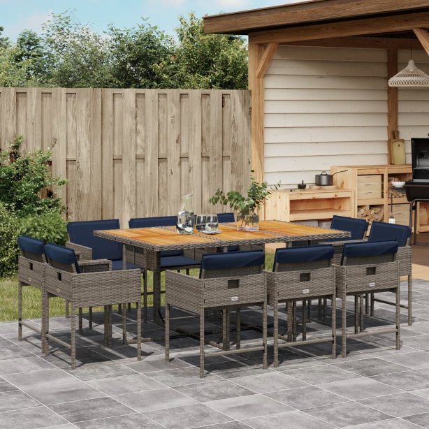 9-teiliges Garten-Ess-Set mit Kissen, grau, Polyrattan
