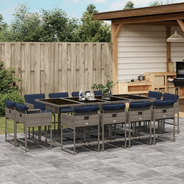 9-teiliges Garten-Ess-Set mit Kissen, grau, Polyrattan