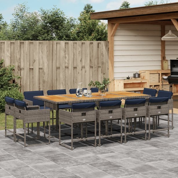 9-teiliges Garten-Ess-Set mit Kissen, grau, Polyrattan