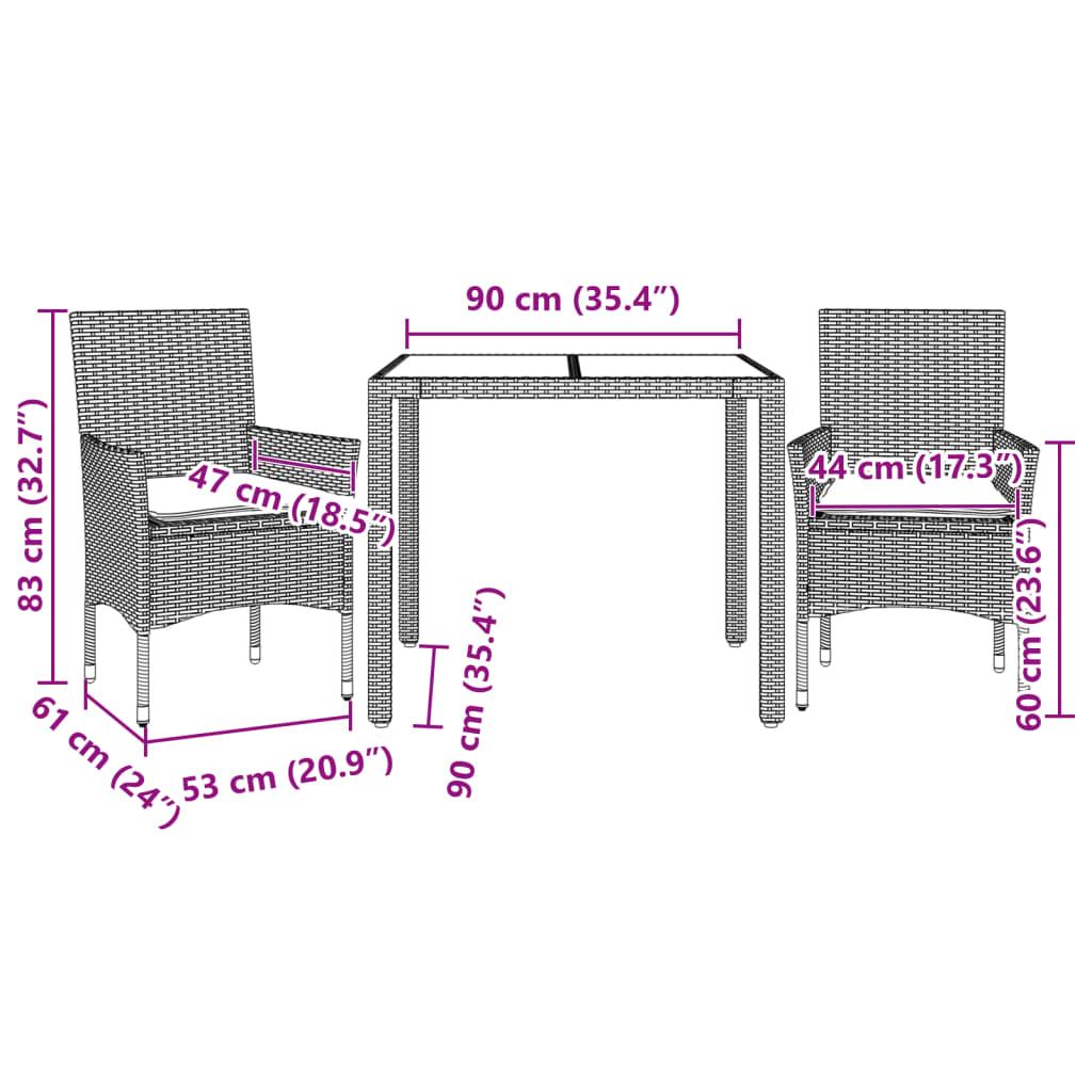3-tlg. Garten-Essgruppe mit Kissen Schwarz Poly Rattan Glas