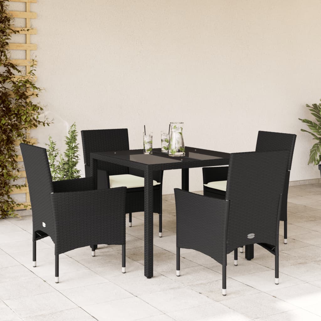 3-tlg. Garten-Essgruppe mit Kissen Schwarz Poly Rattan Glas