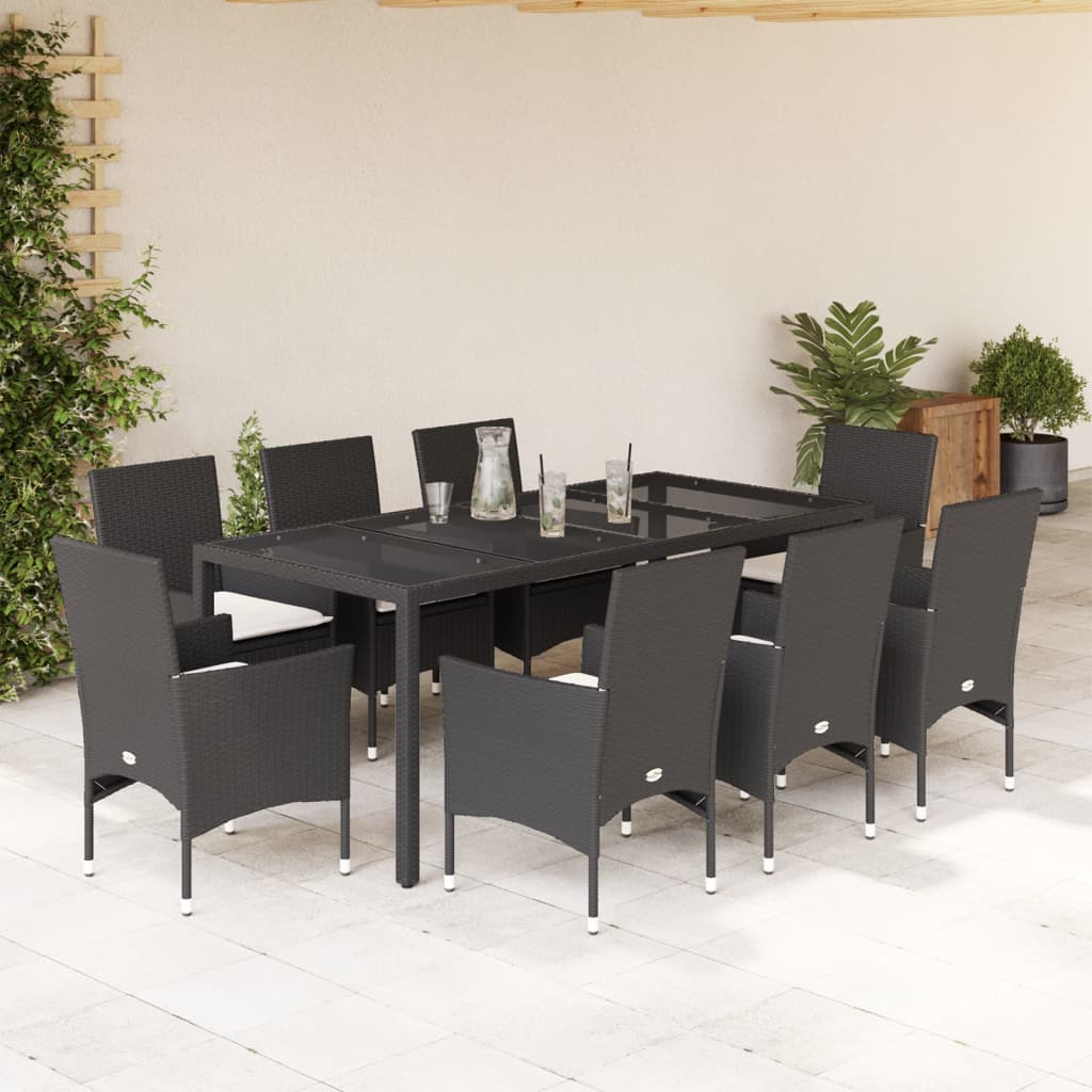 3-tlg. Garten-Essgruppe mit Kissen Schwarz Poly Rattan Glas