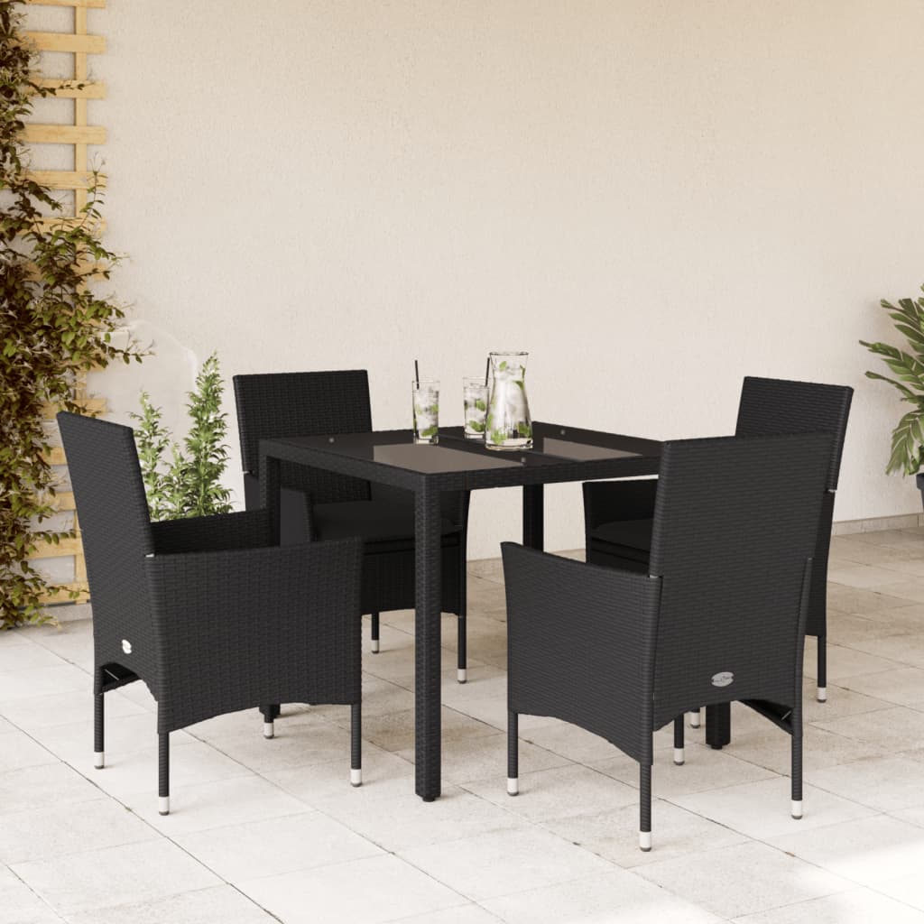3-tlg. Garten-Essgruppe mit Kissen Schwarz Poly Rattan Glas