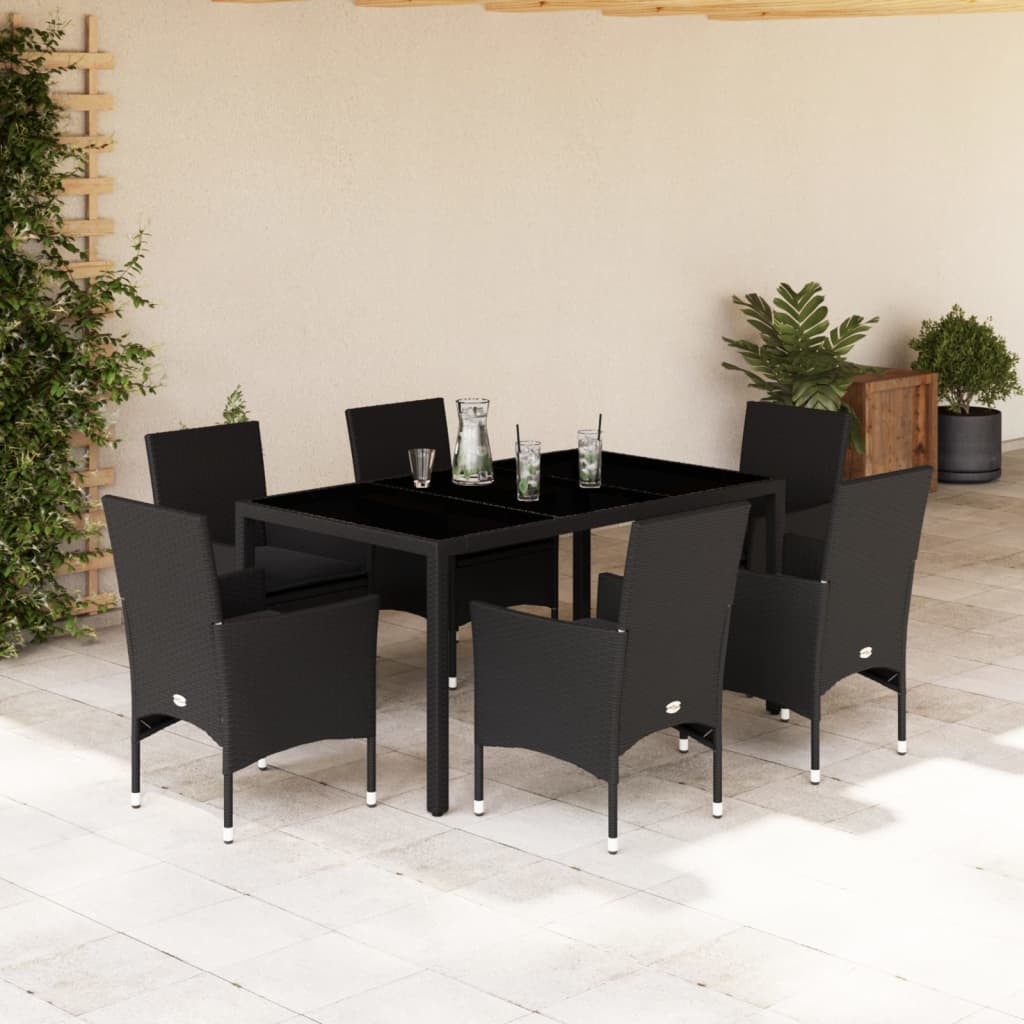 3-tlg. Garten-Essgruppe mit Kissen Schwarz Poly Rattan Glas