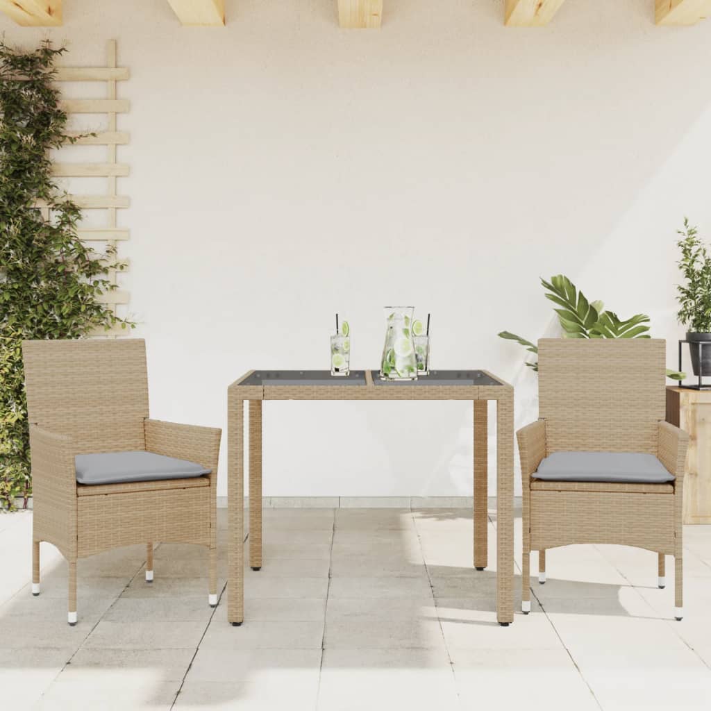 3-tlg. Garten-Essgruppe mit Kissen Schwarz Poly Rattan Glas