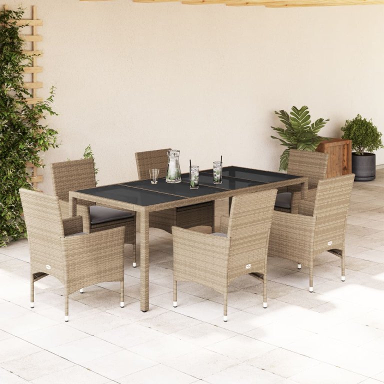 3-tlg. Garten-Essgruppe mit Kissen Schwarz Poly Rattan Glas