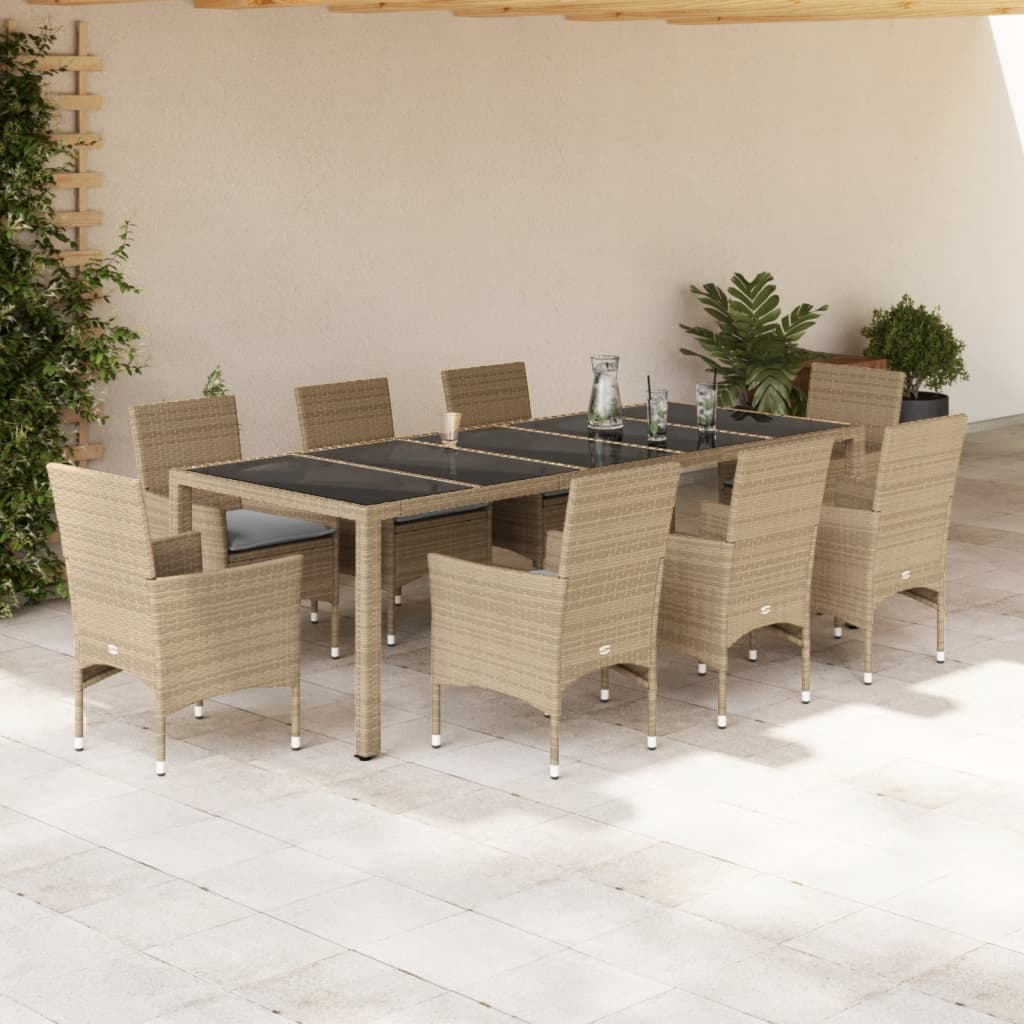 9-tlg. Garten-Essgruppe mit Kissen Grau Poly Rattan und Glas