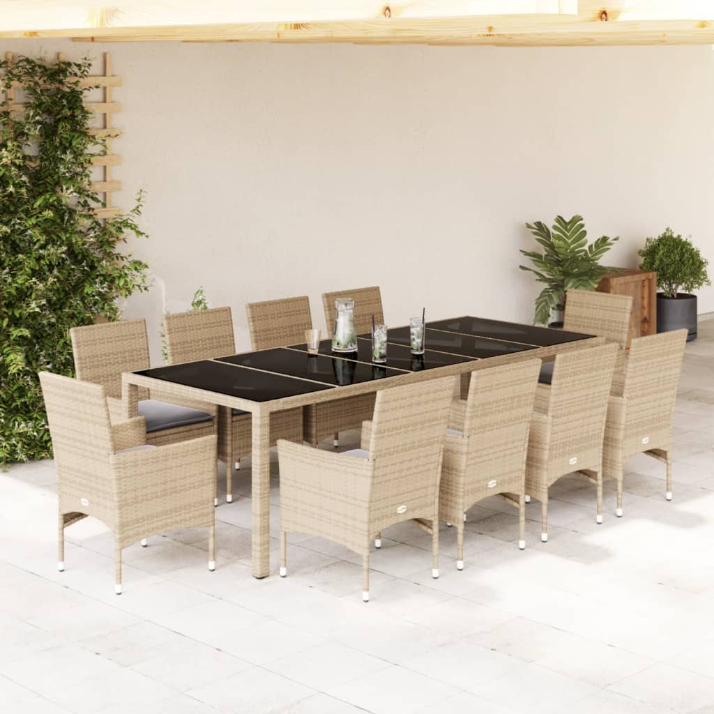 9-tlg. Garten-Essgruppe mit Kissen Grau Poly Rattan und Glas