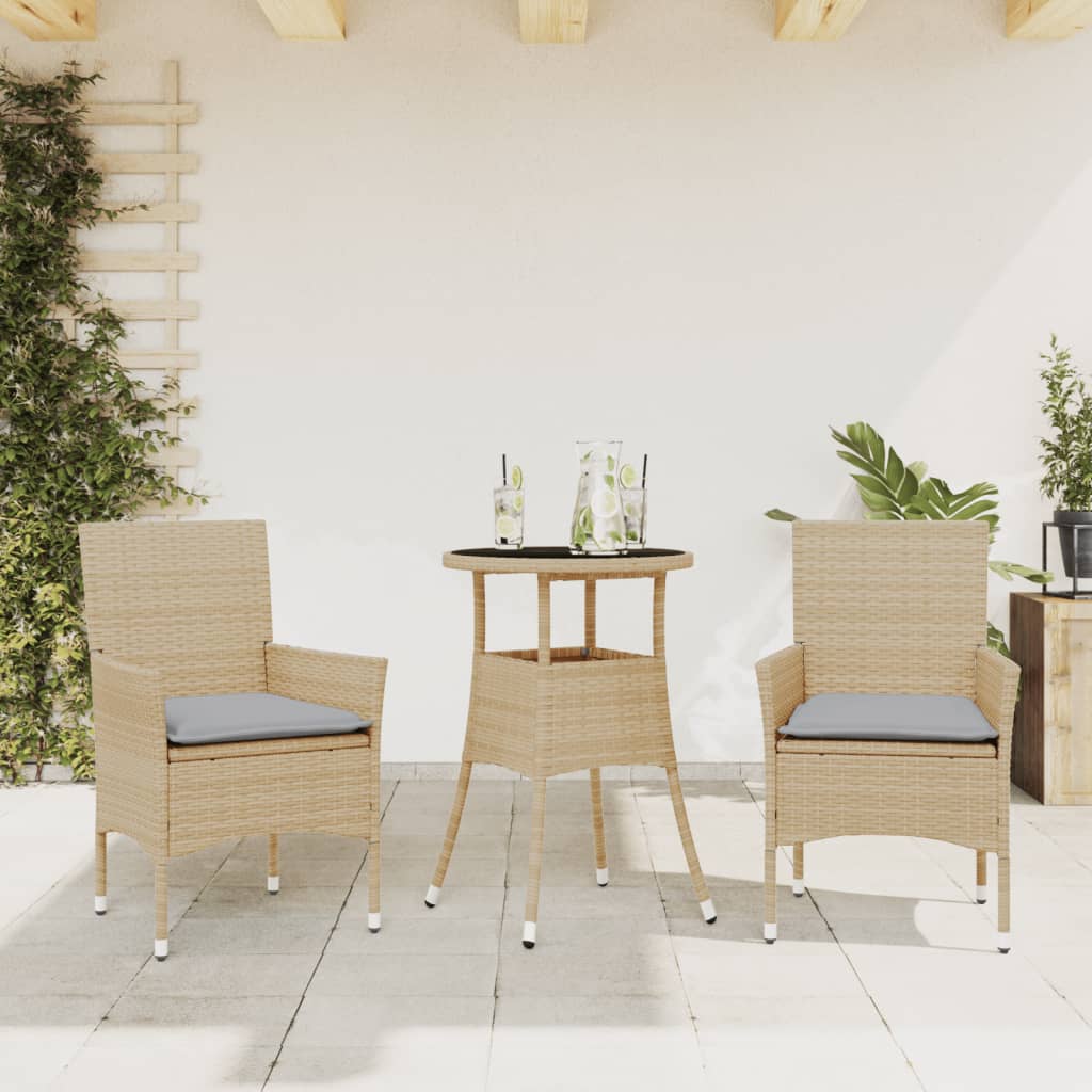 3-tlg. Garten-Essgruppe mit Kissen Schwarz Poly Rattan Glas
