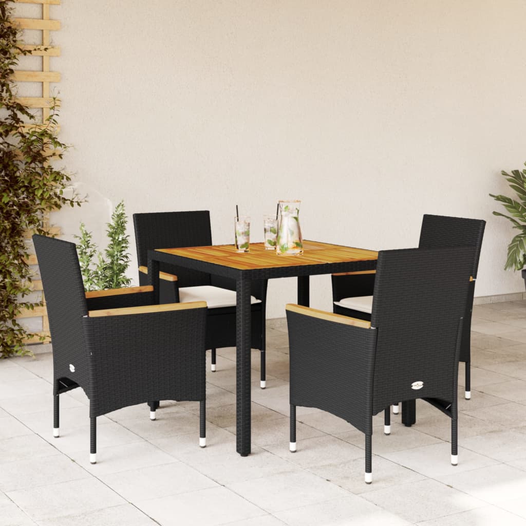 3-tlg. Garten-Essgruppe mit Kissen Schwarz Poly Rattan Akazie