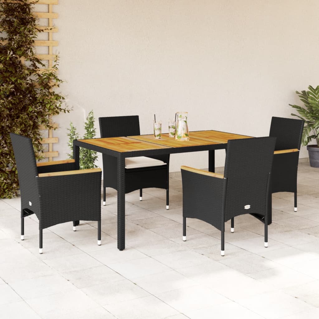 3-tlg. Garten-Essgruppe mit Kissen Schwarz Poly Rattan Akazie