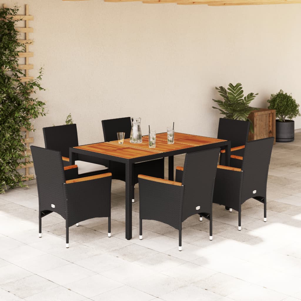 3-tlg. Garten-Essgruppe mit Kissen Schwarz Poly Rattan Akazie