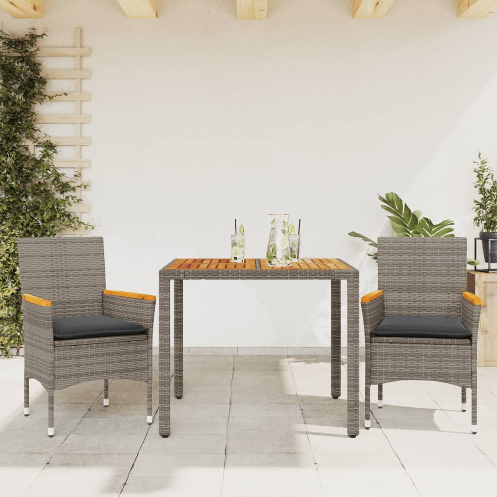 3-tlg. Garten-Essgruppe mit Kissen Schwarz Poly Rattan Akazie