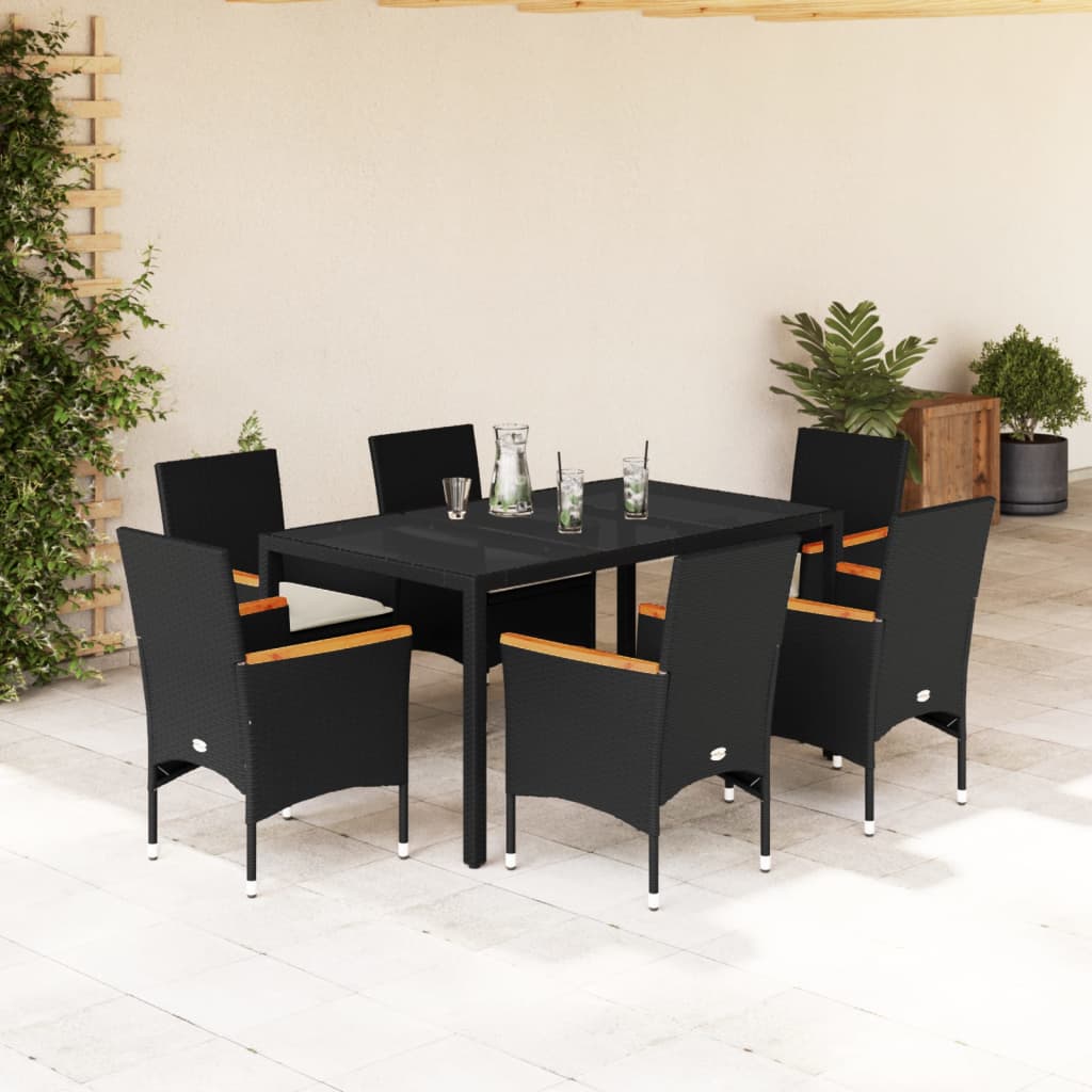 3-tlg. Garten-Essgruppe mit Kissen Schwarz Poly Rattan Glas