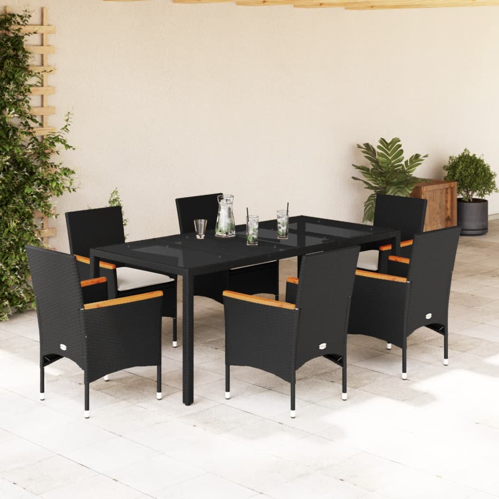 3-tlg. Garten-Essgruppe mit Kissen Schwarz Poly Rattan Glas