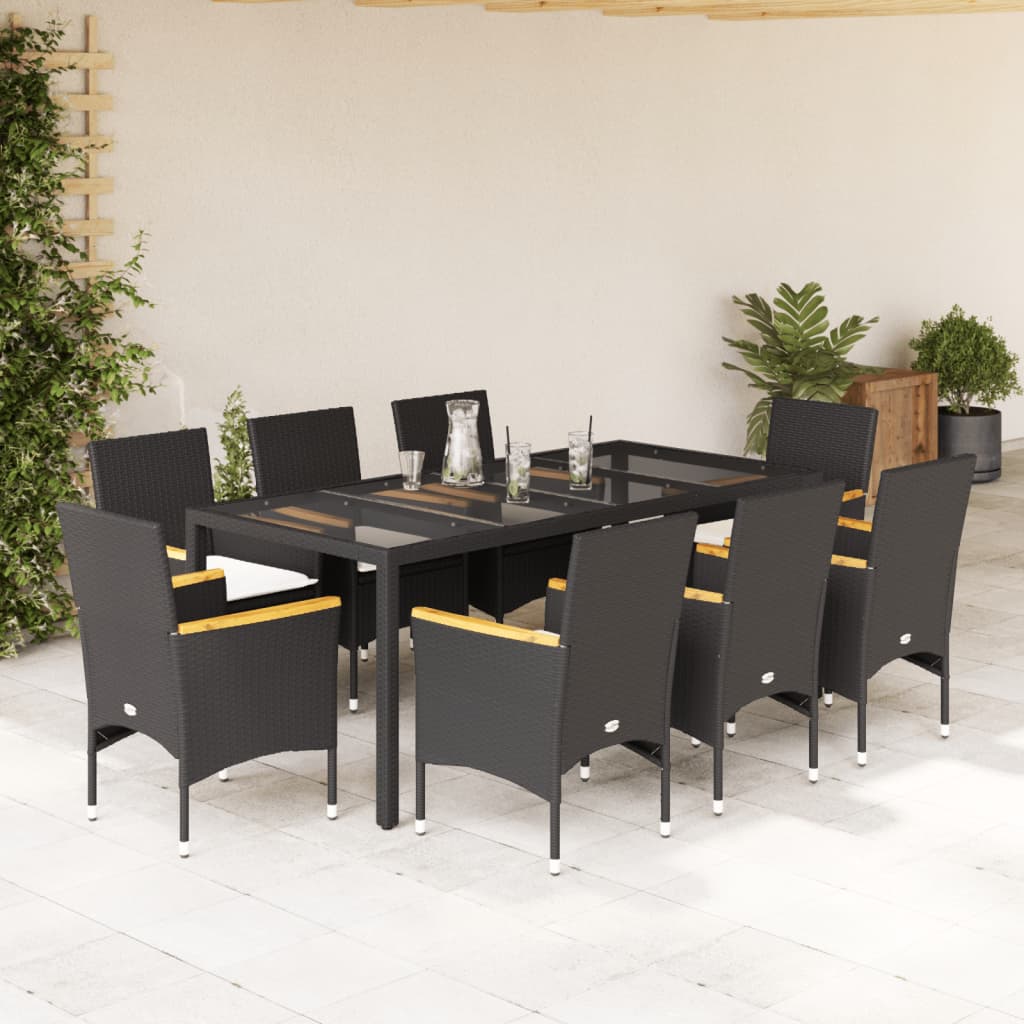 3-tlg. Garten-Essgruppe mit Kissen Schwarz Poly Rattan Glas