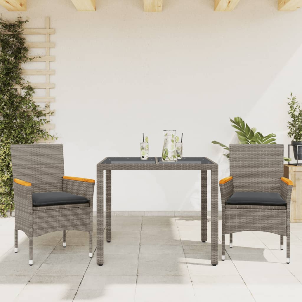3-tlg. Garten-Essgruppe mit Kissen Schwarz Poly Rattan Glas