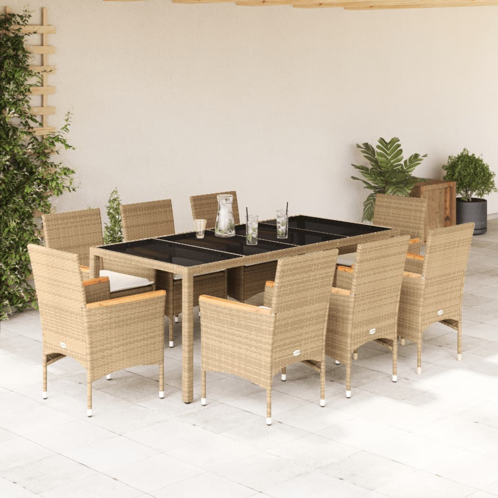 3-tlg. Garten-Essgruppe mit Kissen Schwarz Poly Rattan Glas