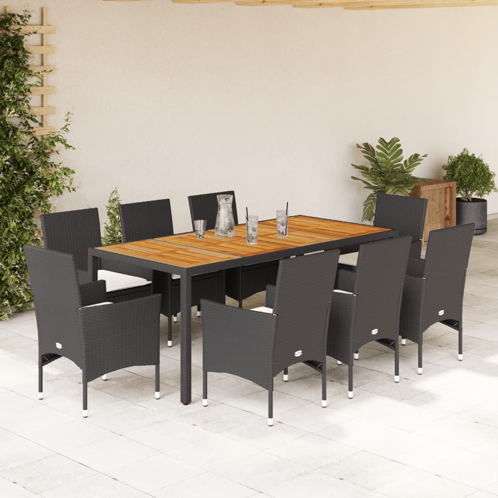 3-tlg. Garten-Essgruppe mit Kissen Schwarz Poly Rattan Akazie