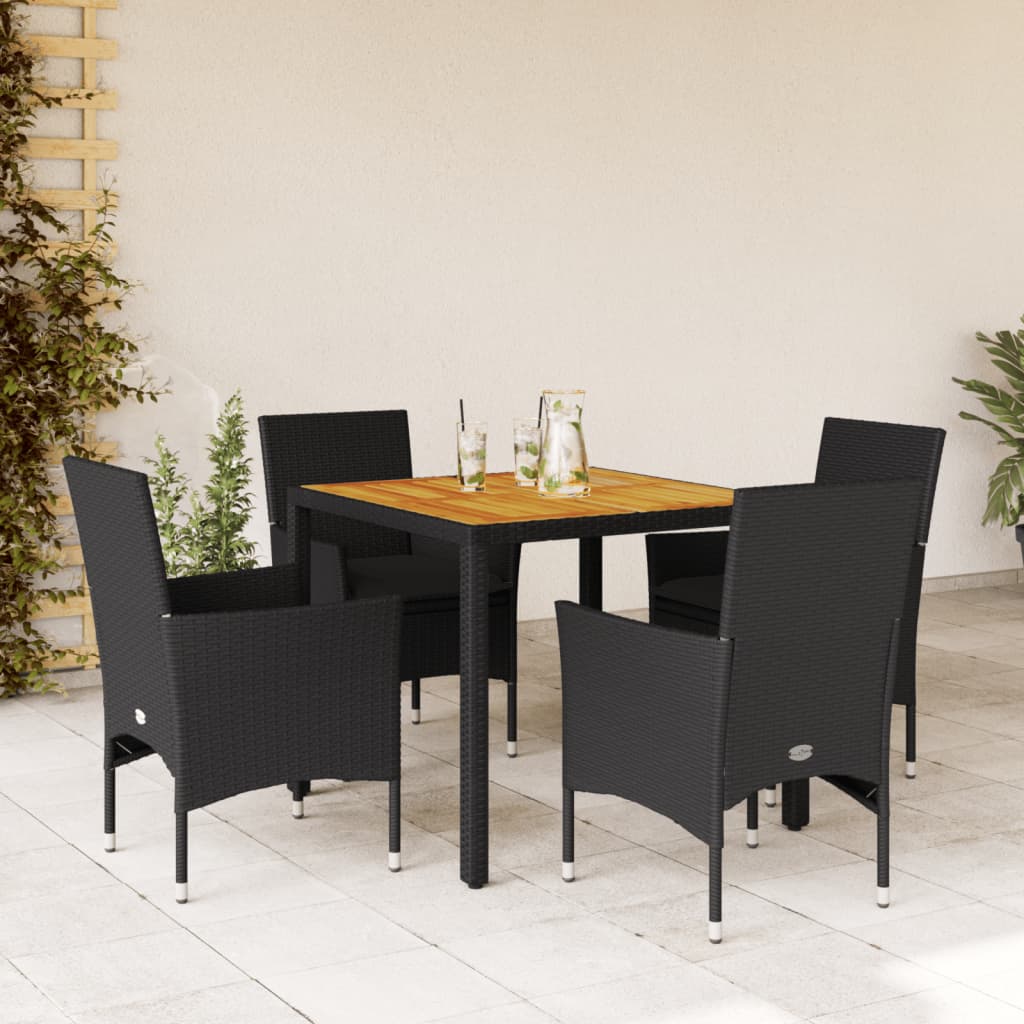 3-tlg. Garten-Essgruppe mit Kissen Schwarz Poly Rattan Akazie