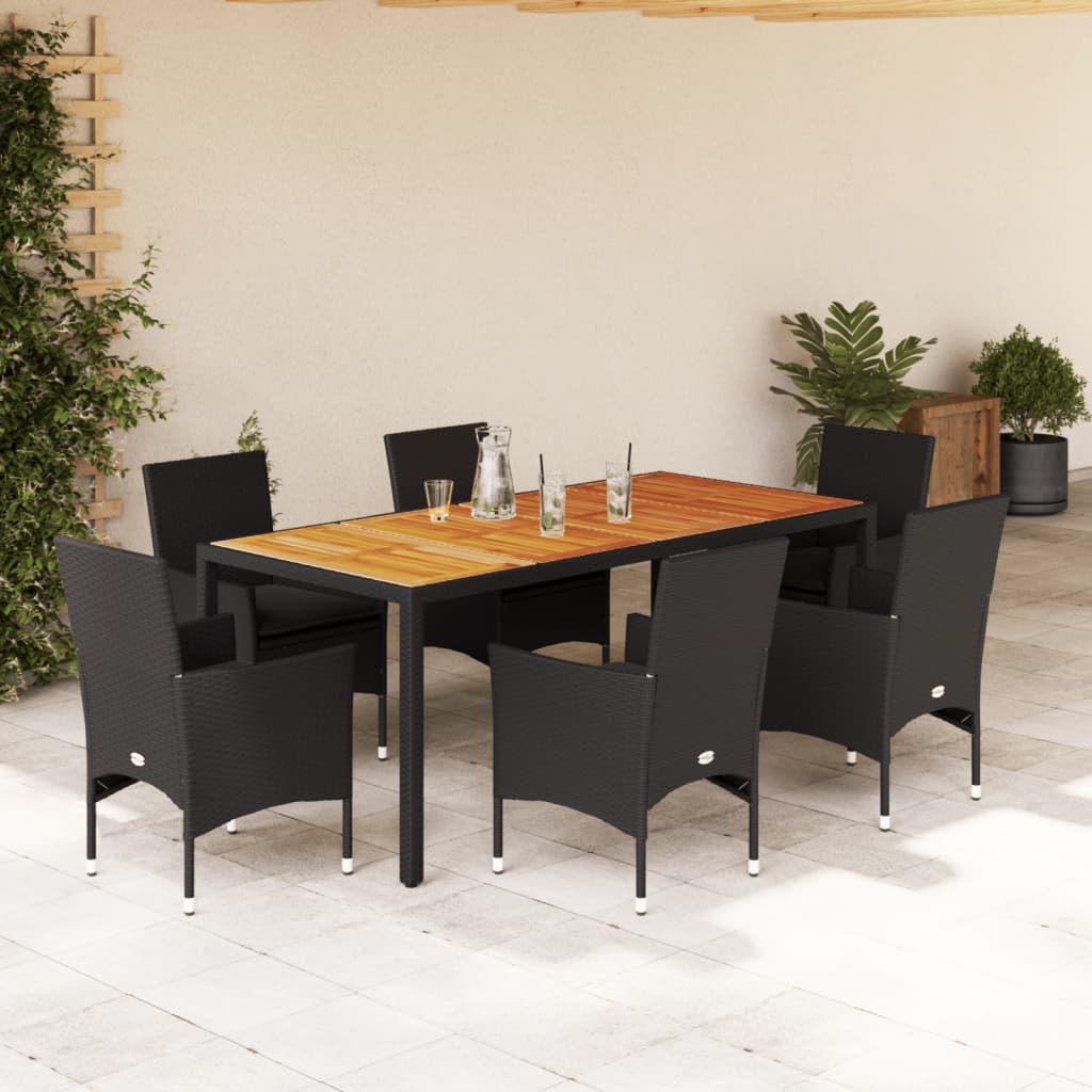 3-tlg. Garten-Essgruppe mit Kissen Schwarz Poly Rattan Akazie