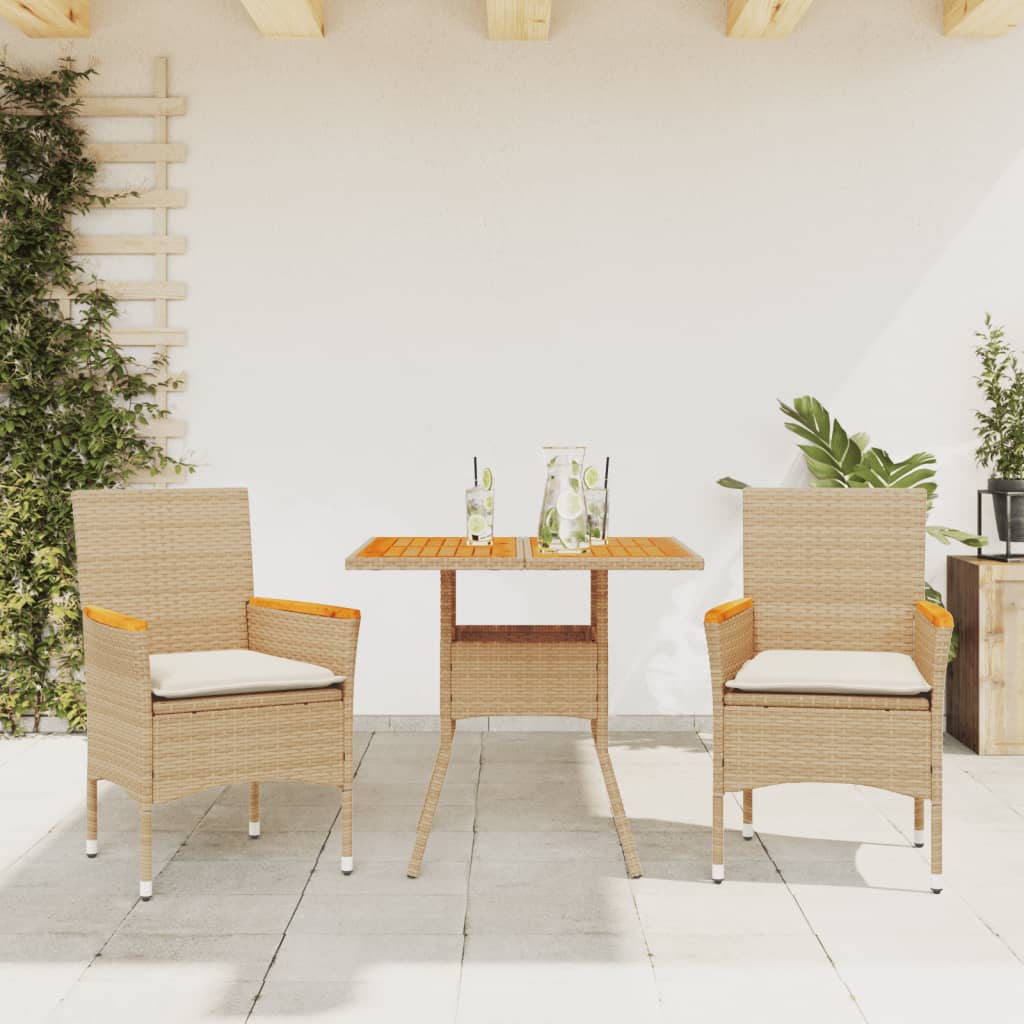 3-tlg. Garten-Essgruppe mit Kissen Schwarz Poly Rattan Akazie