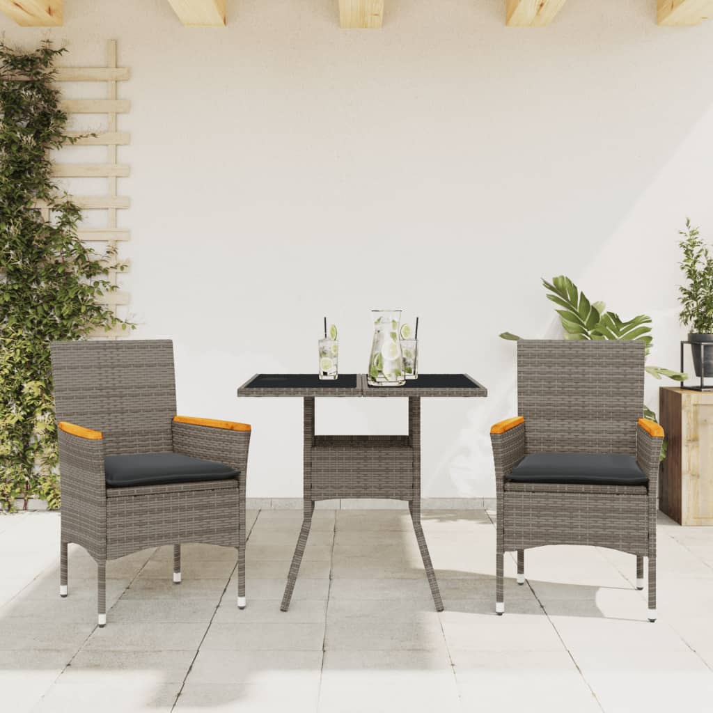 3-tlg. Garten-Essgruppe mit Kissen Schwarz Poly Rattan Glas