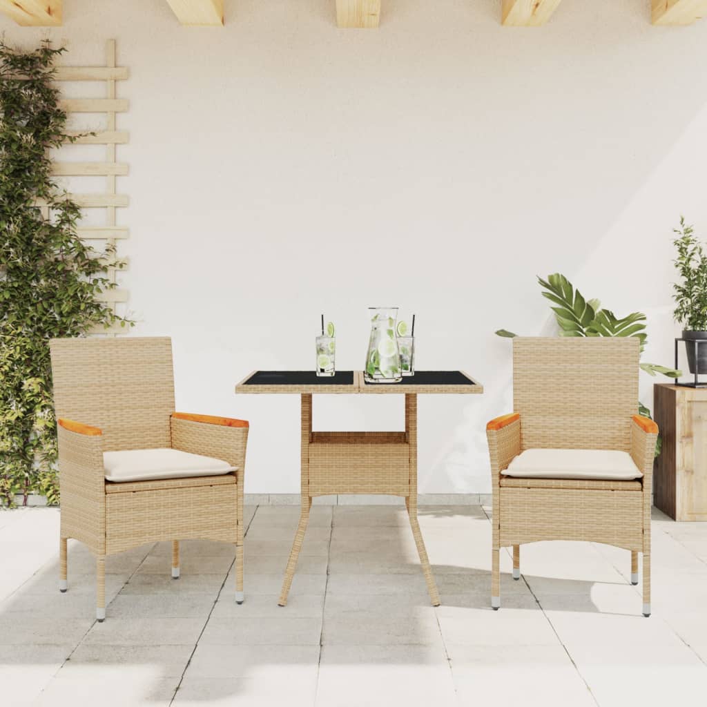 3-tlg. Garten-Essgruppe mit Kissen Schwarz Poly Rattan Glas