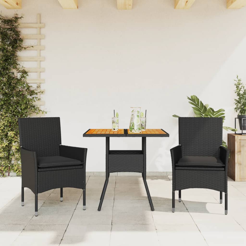 3-tlg. Garten-Essgruppe mit Kissen Schwarz Poly Rattan Glas