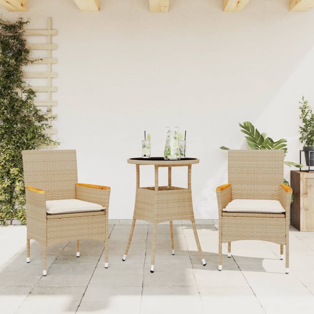 3-tlg. Garten-Essgruppe mit Kissen Schwarz Poly Rattan Glas