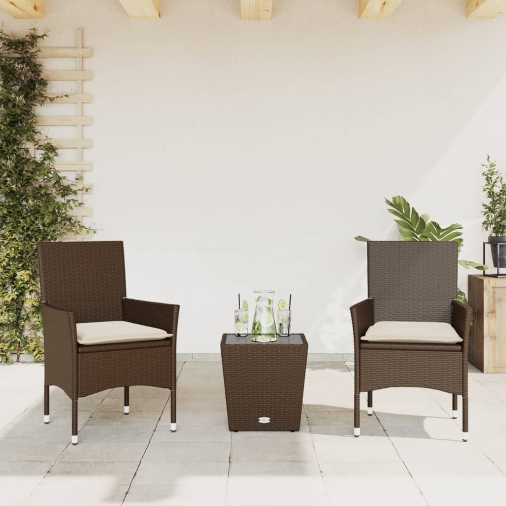 3-tlg. Bistro-Set mit Kissen Schwarz Poly Rattan und Glas