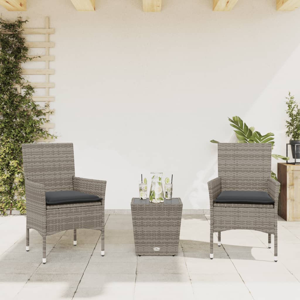 3-tlg. Bistro-Set mit Kissen Schwarz Poly Rattan und Glas