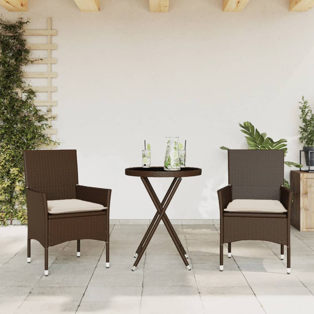 3-tlg. Bistro-Set mit Kissen Schwarz Poly Rattan und Glas
