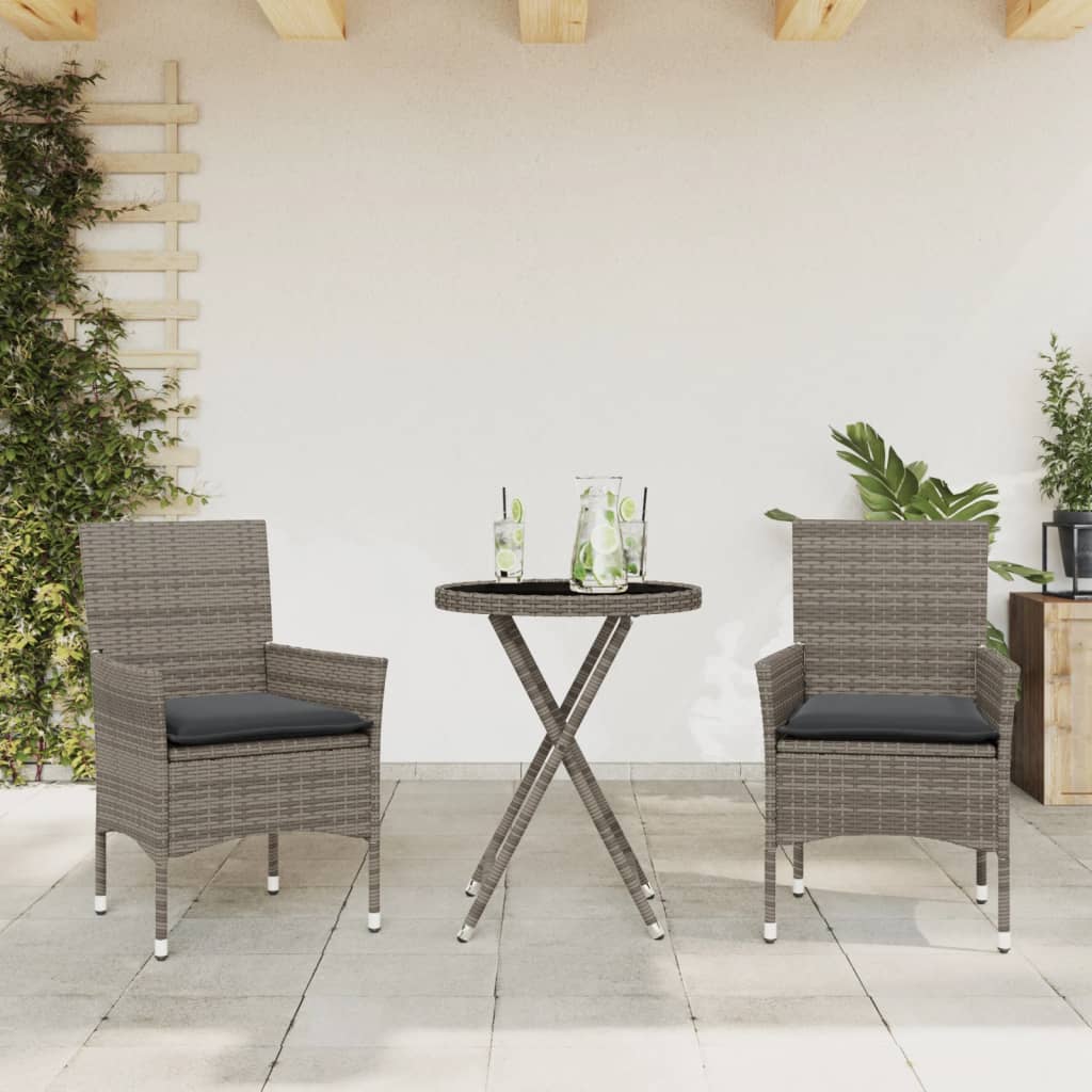 3-tlg. Bistro-Set mit Kissen Schwarz Poly Rattan und Glas