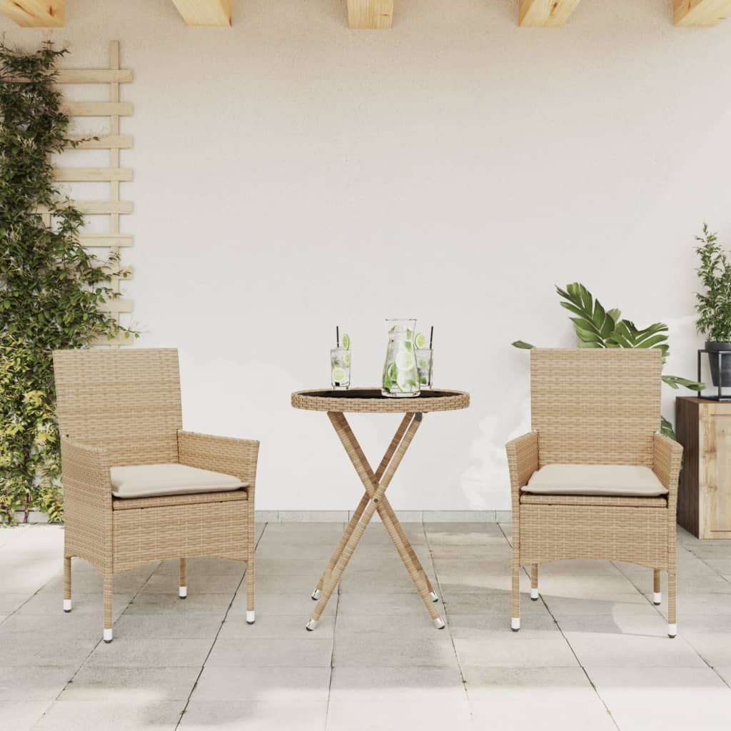 3-tlg. Bistro-Set mit Kissen Schwarz Poly Rattan und Glas