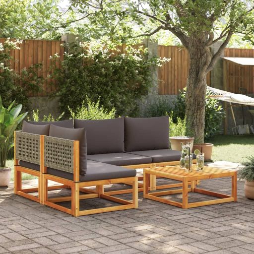 6-tlg. Gartensofa-Set mit Kissen Holz Akazie & Rattan