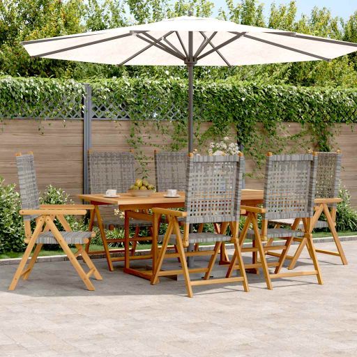 7-tlg. Garten-Essgruppe Poly Rattan und Massivholz Schwarz