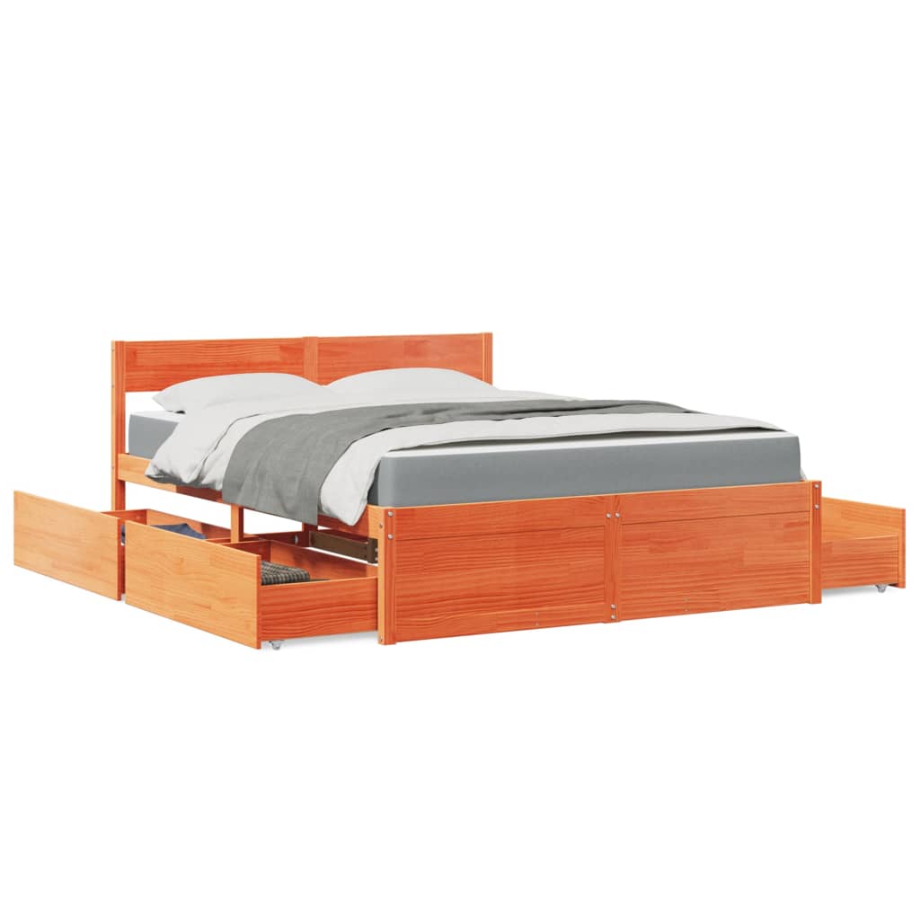 Bett mit Schubladen und Matratze 200x200 cm Massivholz Kiefer