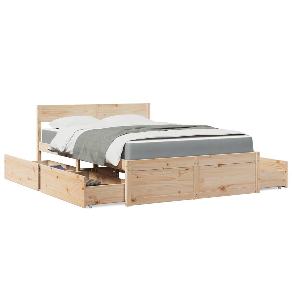 Bett mit Schubladen und Matratze 200x200 cm Massivholz Kiefer