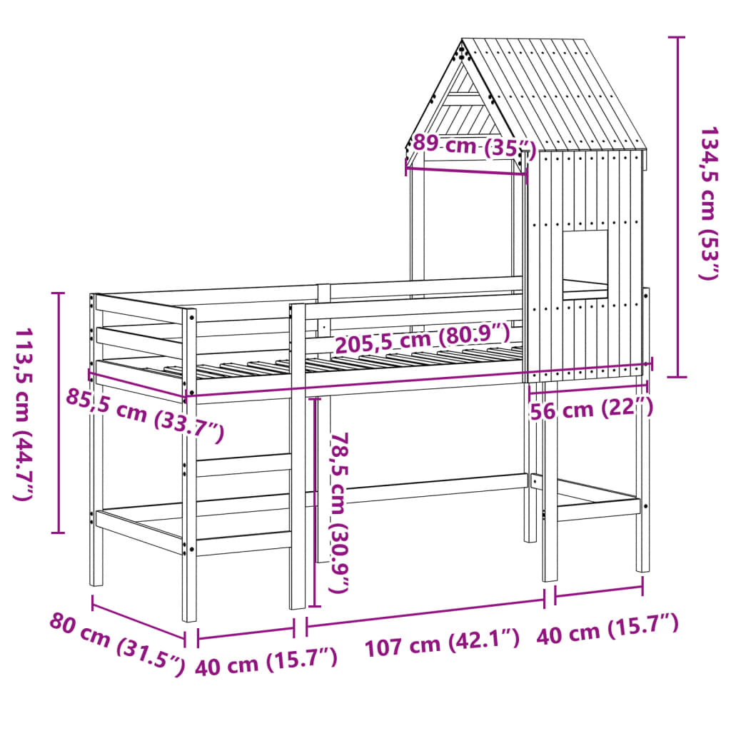 Hochbett mit Leiter und Dach 80x200 cm Massivholz Kiefer