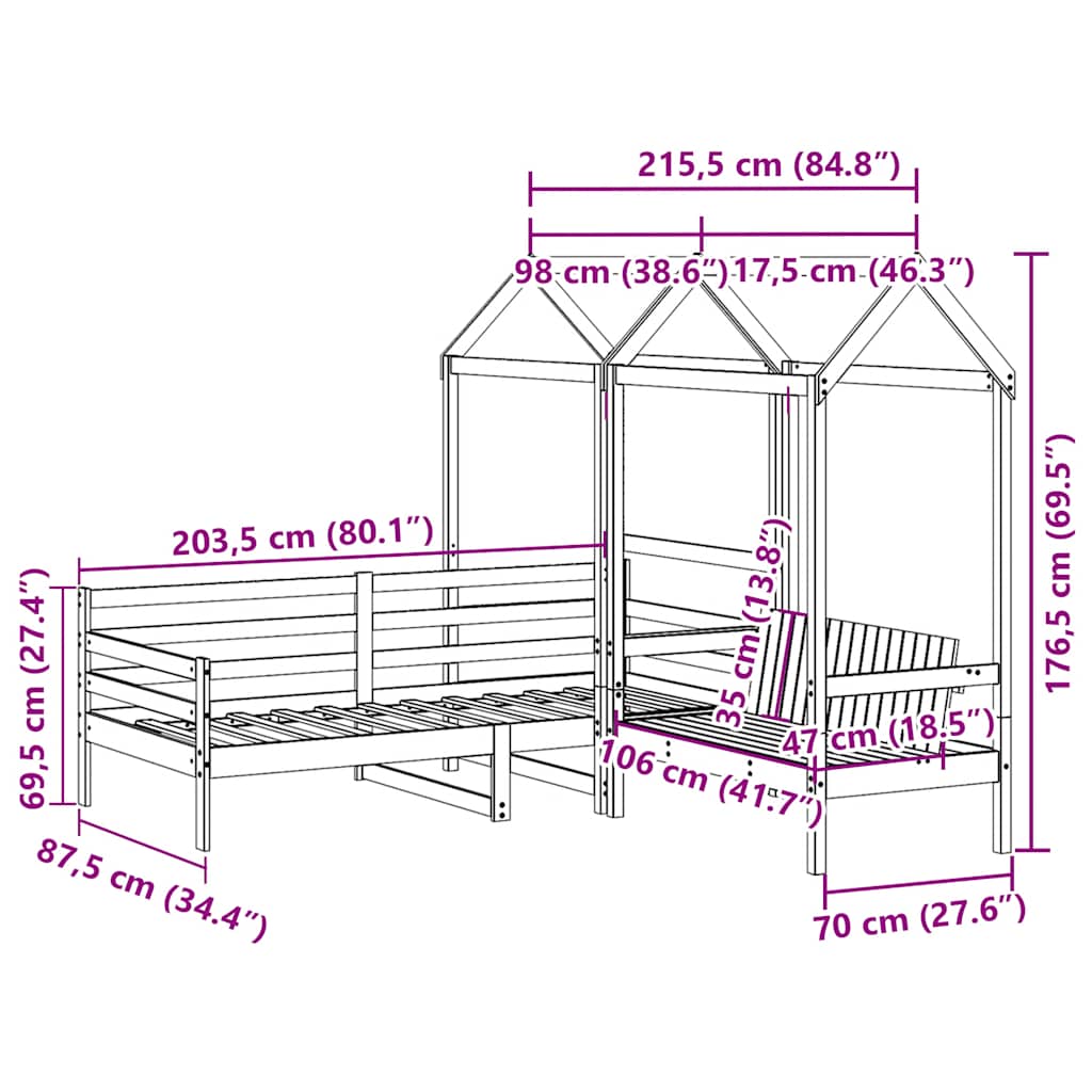 vidaXL Tagesbett und Bank mit Dach Weiß 80x200 cm Kiefernholz