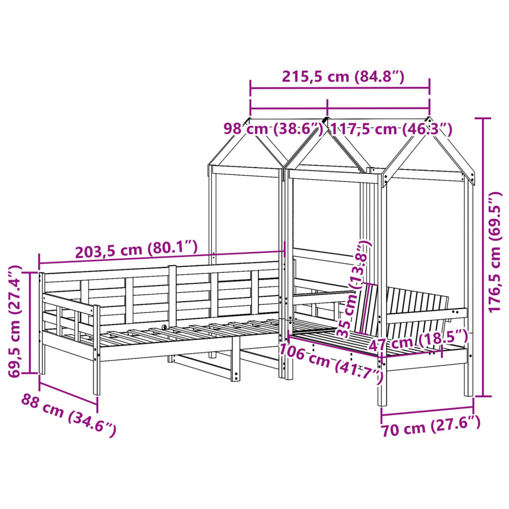 vidaXL Tagesbett und Bank mit Dach Weiß 80x200 cm Kiefernholz