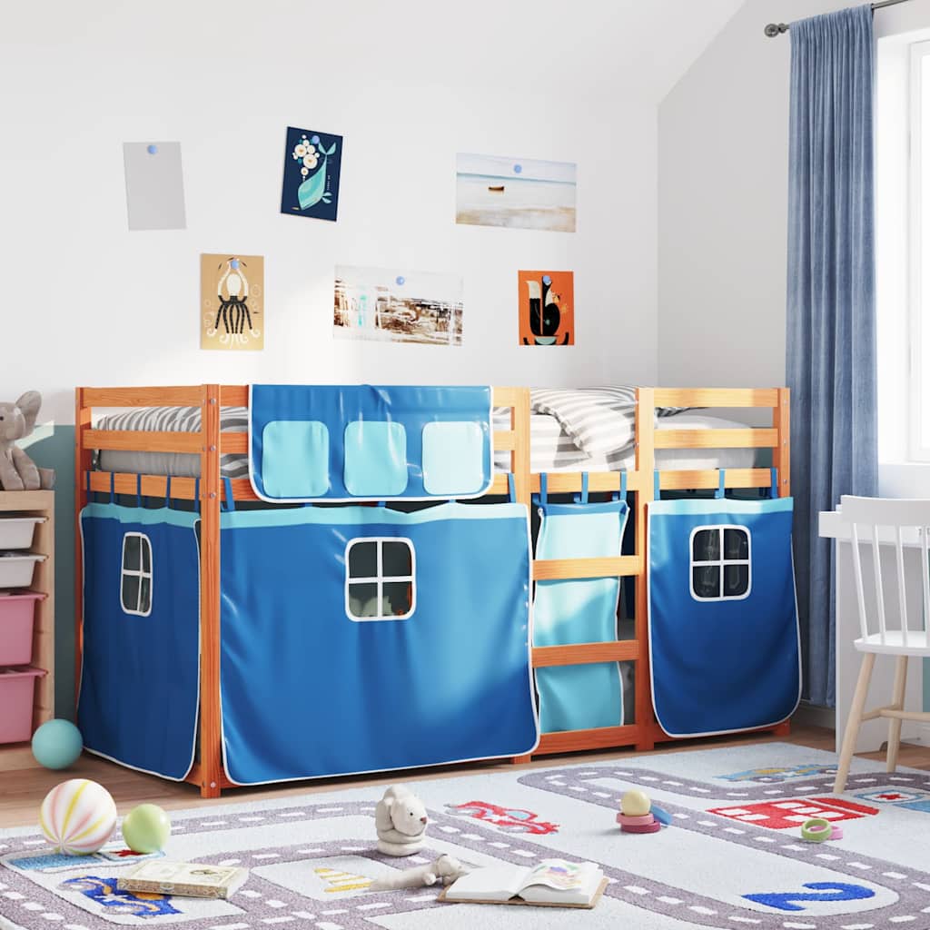 Etagenbett mit Vorhängen Weiß & Schwarz 90x190 cm Kiefernholz